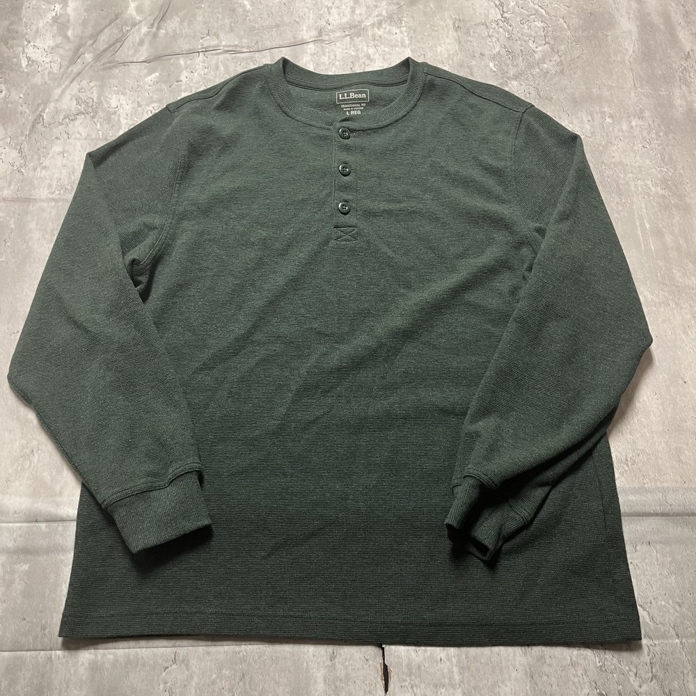 LL Bean Men's Long Sleeve Shirt Green 3 Button Lightweight Size L Regular Cotton